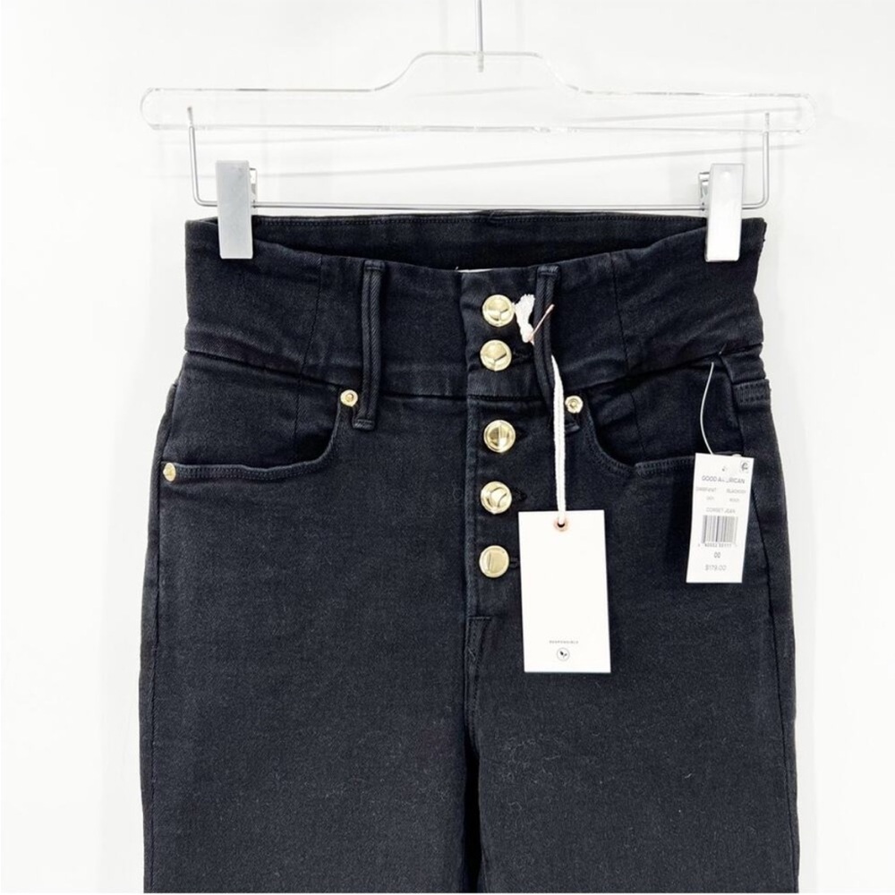 NWOT Good American Good Waist Exposed Button Skinny Jeans 24 in Black001
